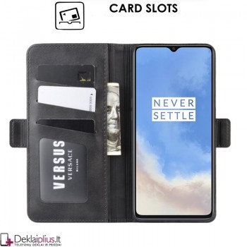Dirbtinės odos atverčiamas dėklas su skyreliais - juodas (Oneplus 7T)